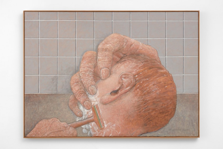 Shaving man / Scherende man, 2007  tempera, alkyd and oil on canvas on panel  87.4 x 121.3 x 3.9 cm / 34 ⅜ x 47 ¾ x 1 ½ in