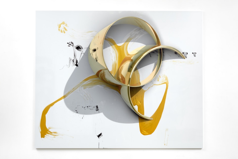 Gold PamphID, 2022  acrylic polymers, bronze powder, and UV-print on aluminum composite  199.2 x 243.8 x 2.5 cm / 78 ⅜ x 96 x 1 in