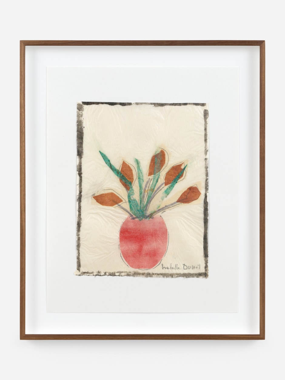 Isabella Ducrot  Small Pot, 2023  Mixed media on Japan paper  site size: 45 x 35 cm / 17 ⅝ x 11 ⅘ in frame size: 54.4 x 44.4 x 2.7 cm / 21 ⅖ x 17 ½ x ⅘ in  © Isabella Ducrot, courtesy the Artist and Sadie Coles HQ, London.  Photo: Dan Bradica