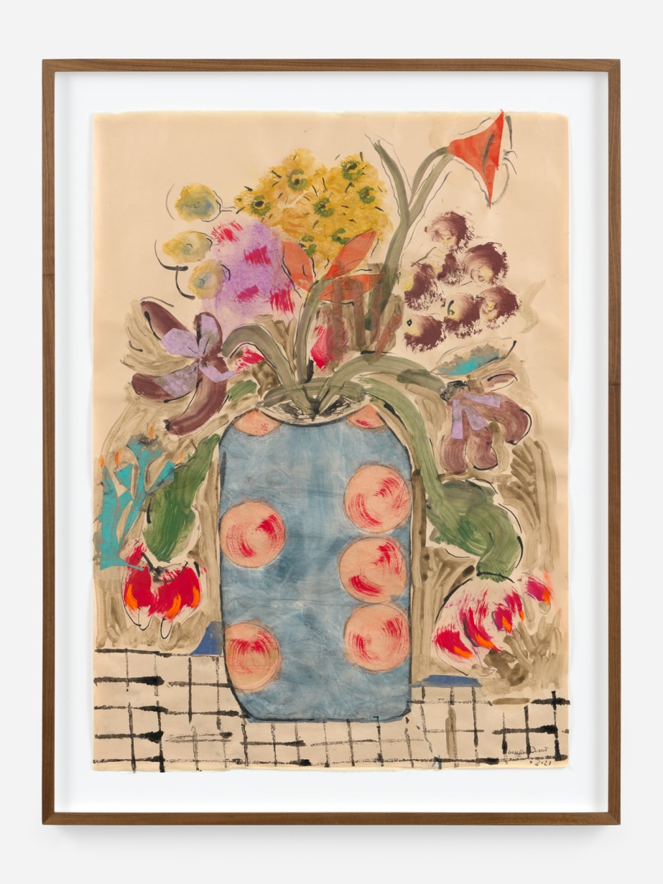 Isabella Ducrot  Pot and flowers, 2023  pigments and collage on Japan paper  site size: 97 x 70 cm / 38 ⅖ x 27 ⅗ in frame size: 111.5 x 84.5 x 4.2 cm / 43 ⅞ x 33 ¼ x 1 ⅝ in.  © Isabella Ducrot, courtesy the Artist and Sadie Coles HQ, London.  Photo: Dan Bradica