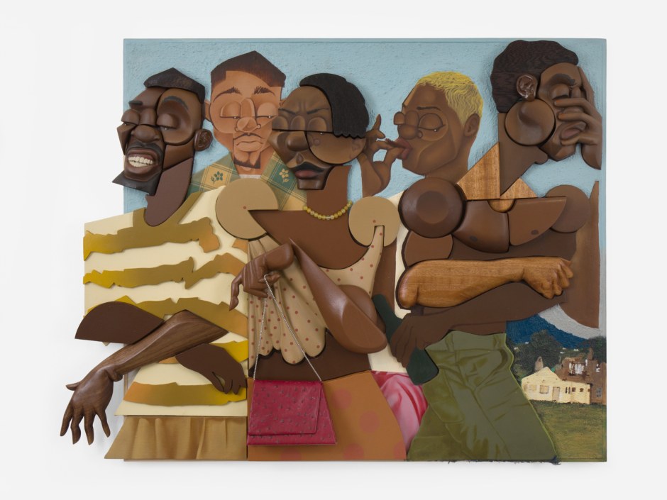 Waphela kanjalo umuzi wabadala (The end of a legacy), 2025  Jelutong, pine, walnut, MDF, birch, black wenge, African mahogany, oil, aerosol paint, acrylic, texture paint, epoxy clay, artificial leather, painted canvas  81.5 x 105.5 x 11 cm / 32 ⅛ x 41 ½ x 4 ⅜ in.