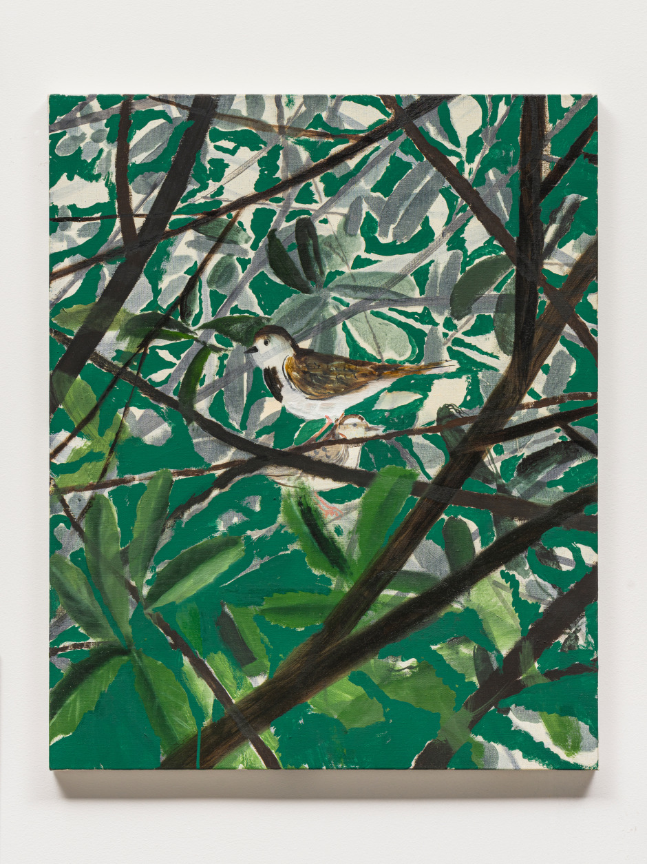 Yu Nishimura  Sparrow in Green, 2022  Tempera on linen  65.2 x 53cm  © Yu Nishimura. Courtesy of the Artist and Crèvecœur, Paris.  Photo: Jeong Biso