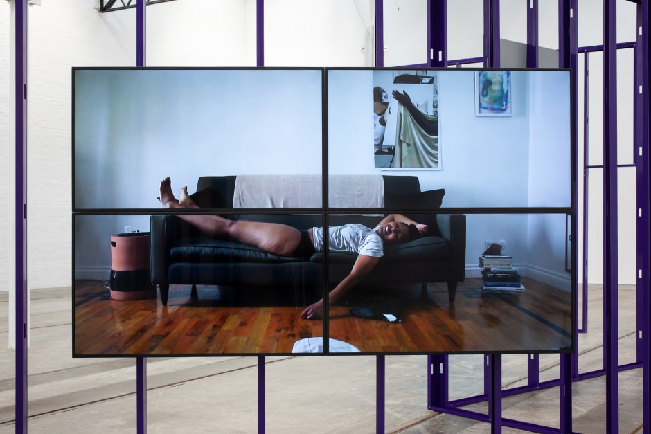 Installation view, Martine Syms, SHE MAD S1:E4, Glasgow International, Tramway, 11 June - 25 July 2021  © Martine Syms. Courtesy the Artist and Sadie Coles HQ, London.  Photo: Keith Hunter / Tramway, Glasgow