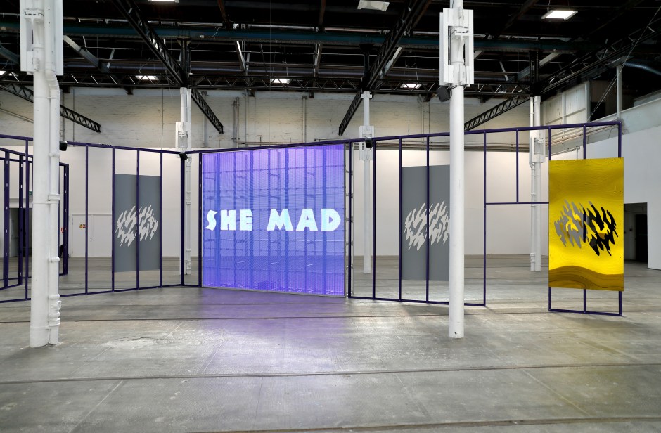Installation view, Martine Syms, SHE MAD S1:E4, Glasgow International, Tramway, 11 June - 25 July 2021  © Martine Syms. Courtesy the Artist and Sadie Coles HQ, London.  Photo: Keith Hunter / Tramway, Glasgow