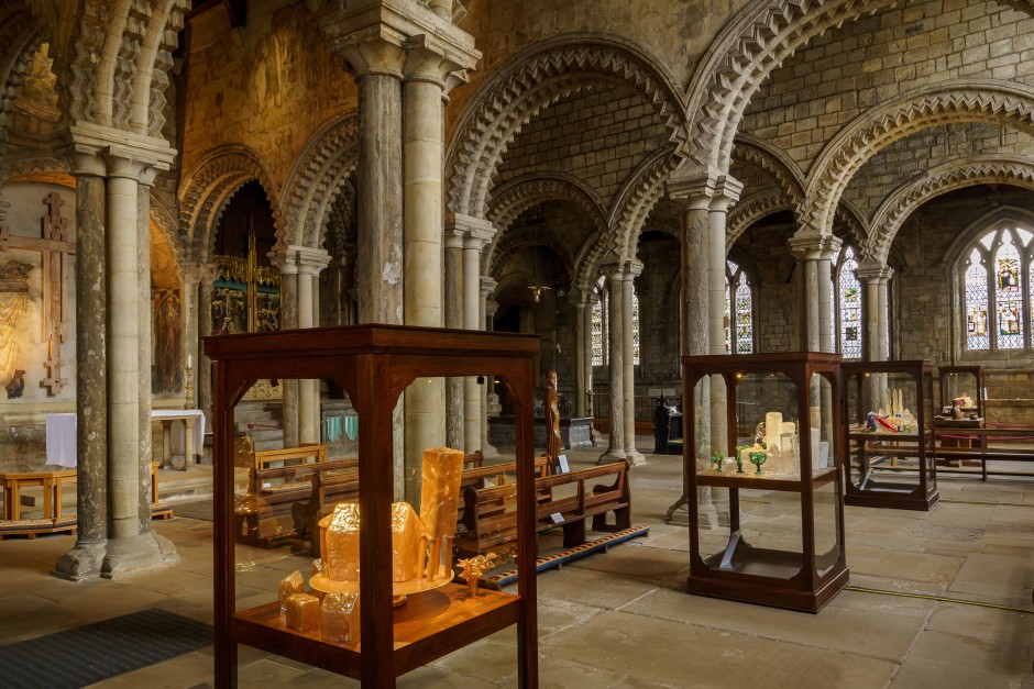 Installation view, Monster Chetwynd, Galilee Chapel at Durham Cathedral, Sunderland Culture, Glass Exchange Tour, 26 March - 11 September 2022  © Monster Chetwynd. Courtesy Sunderland Culture / National Glass Centre  Photo: David Wood at Sunderland Culture