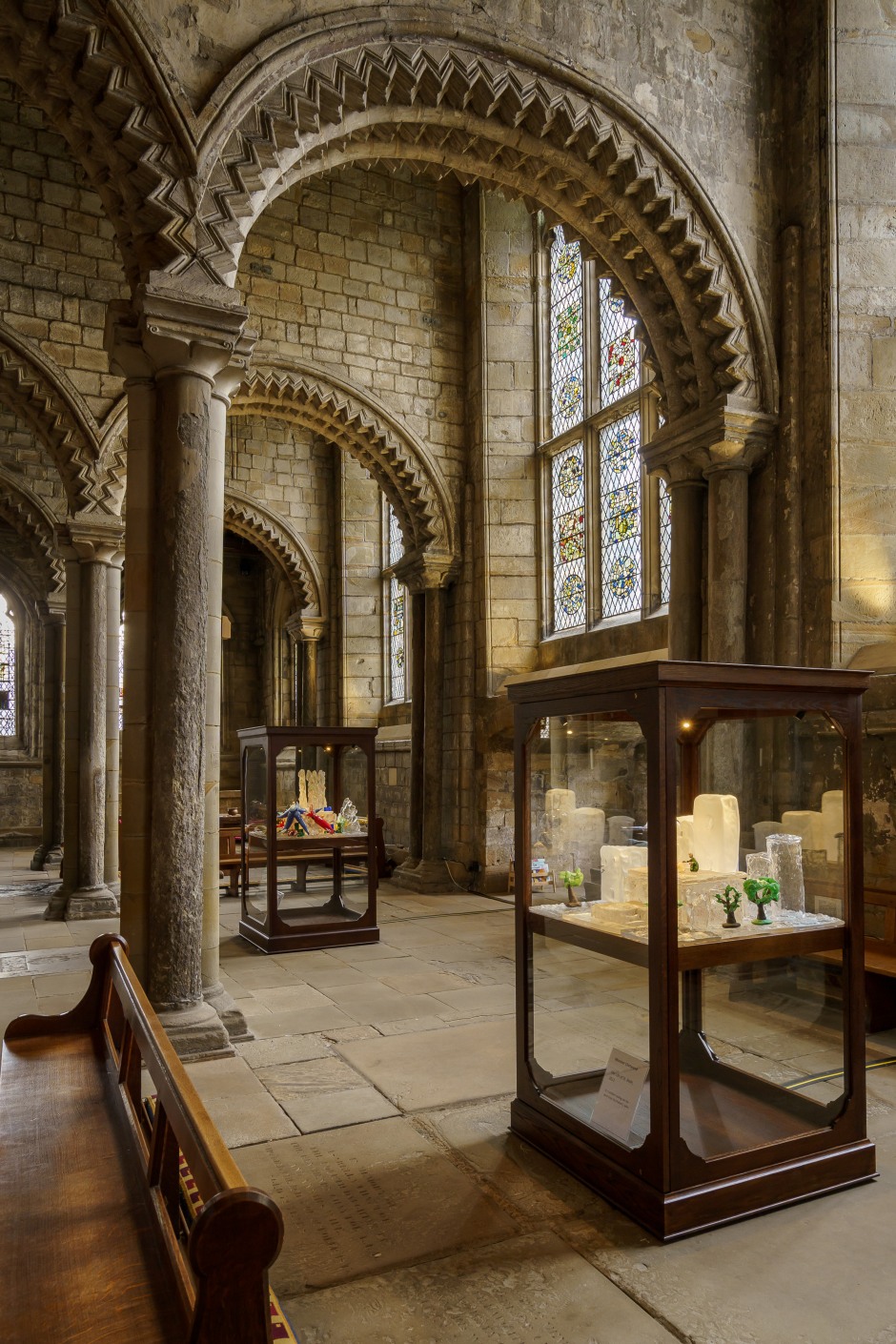 Installation view, Monster Chetwynd, Galilee Chapel at Durham Cathedral, Sunderland Culture, Glass Exchange Tour, 26 March - 11 September 2022  © Monster Chetwynd. Courtesy Sunderland Culture / National Glass Centre  Photo: David Wood at Sunderland Culture