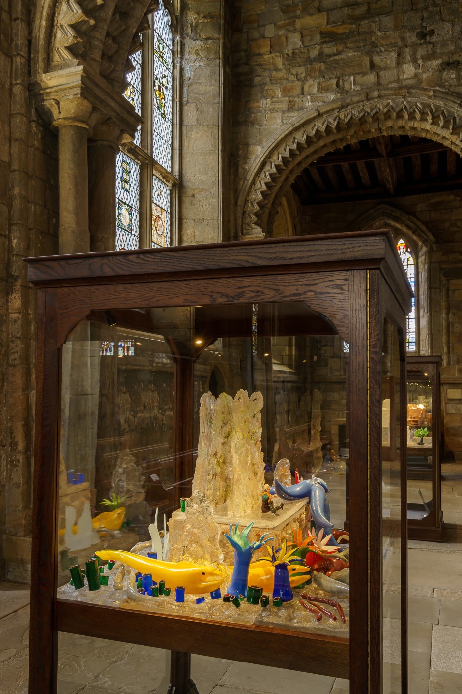 Installation view, Monster Chetwynd, Galilee Chapel at Durham Cathedral, Sunderland Culture, Glass Exchange Tour, 26 March - 11 September 2022  © Monster Chetwynd. Courtesy Sunderland Culture / National Glass Centre  Photo: David Wood at Sunderland Culture