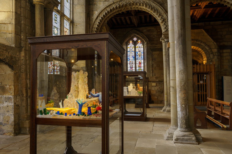 Installation view, Monster Chetwynd, Galilee Chapel at Durham Cathedral, Sunderland Culture, Glass Exchange Tour, 26 March - 11 September 2022  © Monster Chetwynd. Courtesy Sunderland Culture / National Glass Centre  Photo: David Wood at Sunderland Culture