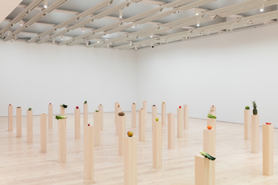 Installation view, Darren Bader, fruits, vegetables, fruit and vegetable salad, Whitney Museum of American Art, New York NY, 15 January – 17 February 2020  © Darren Bader. Courtesy the Artist and Whitney Museum of American Art, New York.