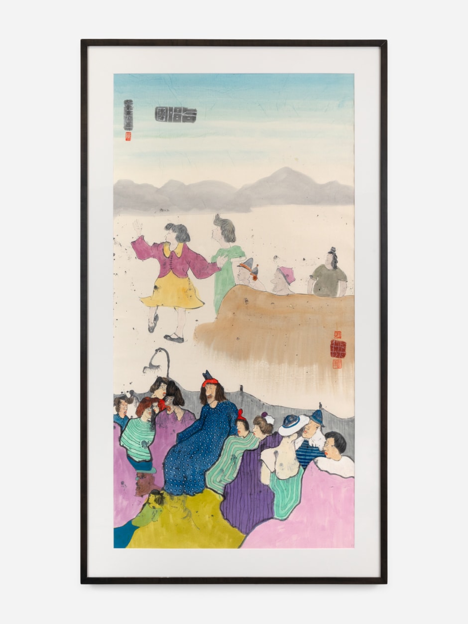 Luis Chan  Choir 《合唱團》, 1979  Signed and dated on front  ink and colour on paper  Site size: 134 x 68.5 cm / 52 ¾ x 27 in Frame size: 152 x 86.5 x 3.8 cm / 59 ⅞ x 34 x 1 ½ in.  © Luis Chan. Courtesy of the Artist and Hanart TZ Gallery, Hong Kong.  Photo: Arthur Gray