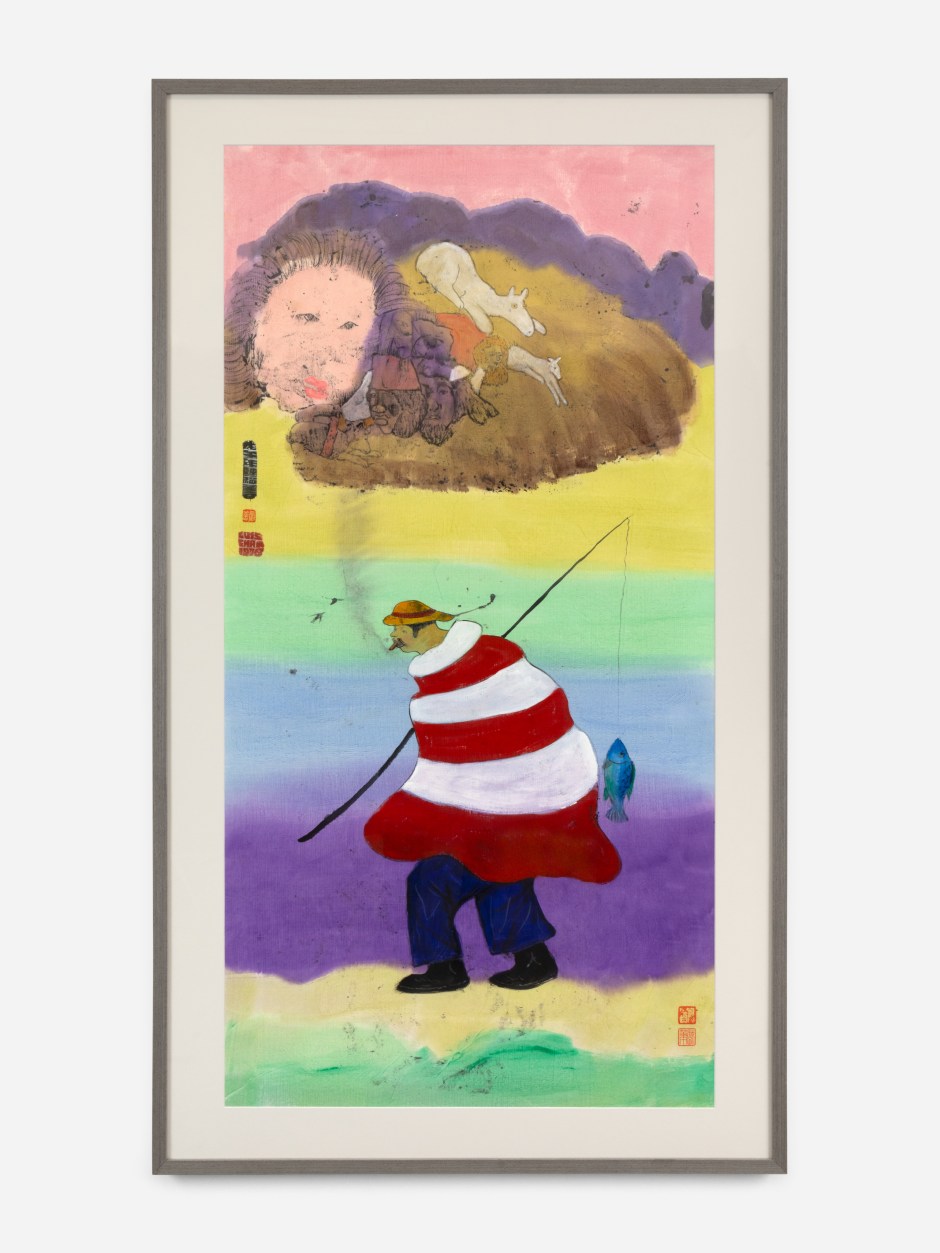 Luis Chan  Untitled (The Fisherman) 《無題（釣翁）》, 1978  Signed and dated on front  ink and colour on paper  Site size: 136 x 68.5 cm / 53 ½ x 27 in Frame size: 153.5 x 88.3 x 3.8 cm / 60 ⅜ x 34 ¾ x 1 ½ in.  © Luis Chan. Courtesy of the Artist and Hanart TZ Gallery, Hong Kong.  Photo: Arthur Gray