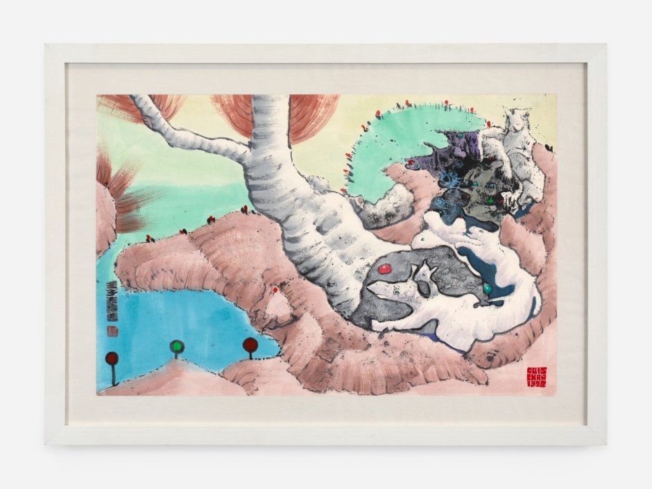 Luis Chan  Untitled 《無題》, 1972  Signed and dated on front  ink and colour on paper  Site size: 45.2 x 68.6 cm / 17 ¾ x 27 in. Frame size: 60.5 x 84 x 4 cm / 23 ⅞ x 33 ⅛ x 1 ⅝ in.  © Luis Chan. Courtesy of the Artist and Hanart TZ Gallery, Hong Kong.  Photo: Arthur Gray