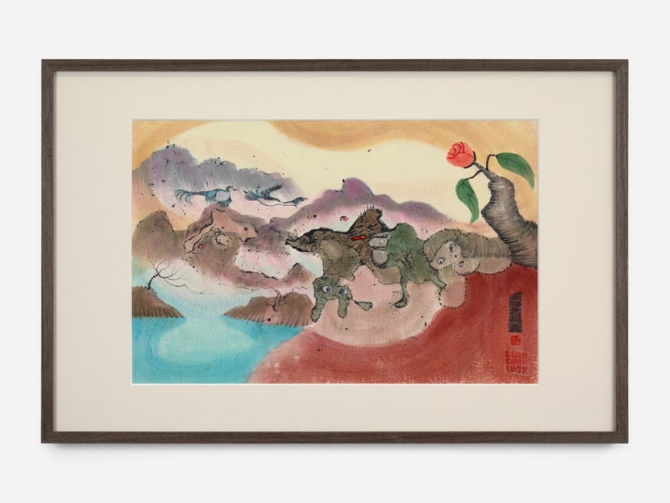 Luis Chan  Untitled (Fantasy Landscape with Seabirds, Animals and Rose) 《無題（海禽與動物的奇幻風景）》, 1972  Signed and dated on front  ink and colour on paper  Site size: 45.5 x 69 cm / 17 ⅞ x 27 ⅛ in Frame size: 65 x 99 x 3.8 cm / 25 ⅝ x 39 x 1 ½ in.  © Luis Chan. Courtesy of the Artist and Hanart TZ Gallery, Hong Kong.  Photo: Arthur Gray