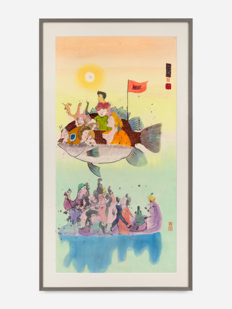 Luis Chan  Flying Fish 《飛魚》, 1979  Signed and dated on front  ink and colour on paper  Site size: 134 x 70.5 cm / 52 ¾ x 27 ¾ in Frame size: 153.2 x 88.4 x 3.8 cm / 60 ¼ x 34 ¾ x 1 ½ in.  © Luis Chan. Courtesy of the Artist and Hanart TZ Gallery, Hong Kong.  Photo: Arthur Gray