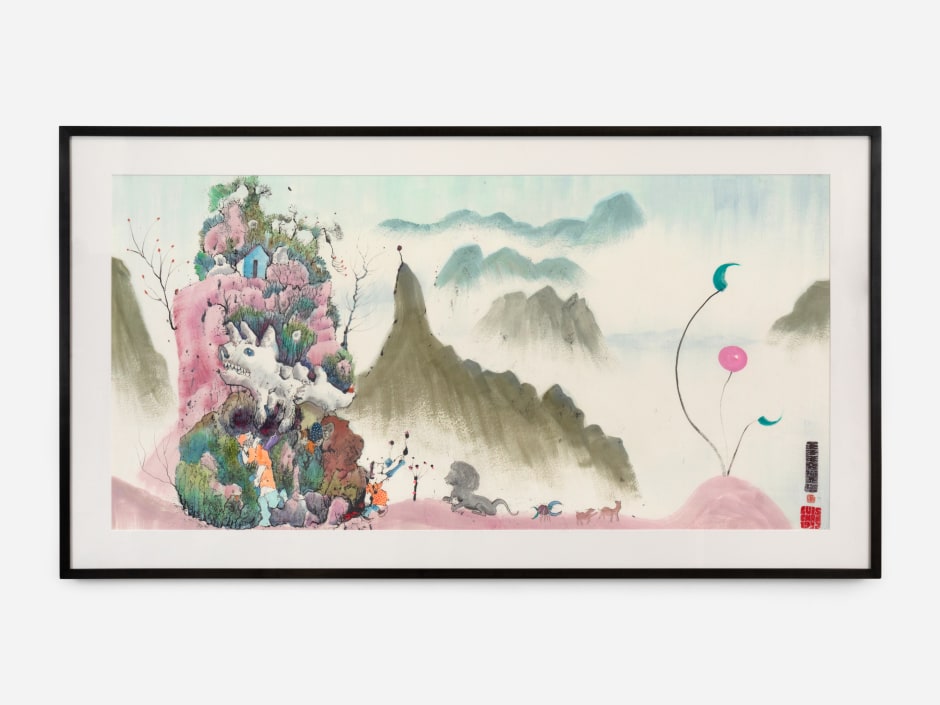 Luis Chan  Untitled (Fantasy Landscape with White Rhinoceros) 《無題（白犀牛的奇幻風景）》, 1972  Signed and dated on front  ink and colour on paper  Site size: 69 x 136 cm / 27 ⅛ x 53 ½ in Frame size: 86.4 x 155.2 x 3.8 cm / 34 x 61 ⅛ x 1 ½ in.  © Luis Chan. Courtesy of the Artist and Hanart TZ Gallery, Hong Kong.  Photo: Arthur Gray