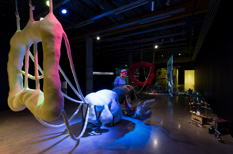 Installation view, John Bock, Dead + Juicy, The Contemporary Austin – Jones Center, Austin, Texas, 23 September - 14 January 2017  © John Bock. Courtesy the Artist, Anton Kern Gallery, New York; Regen Projects, Los Angeles and The Contemporary Austin, Austin TX  Photo: Colin Doyle