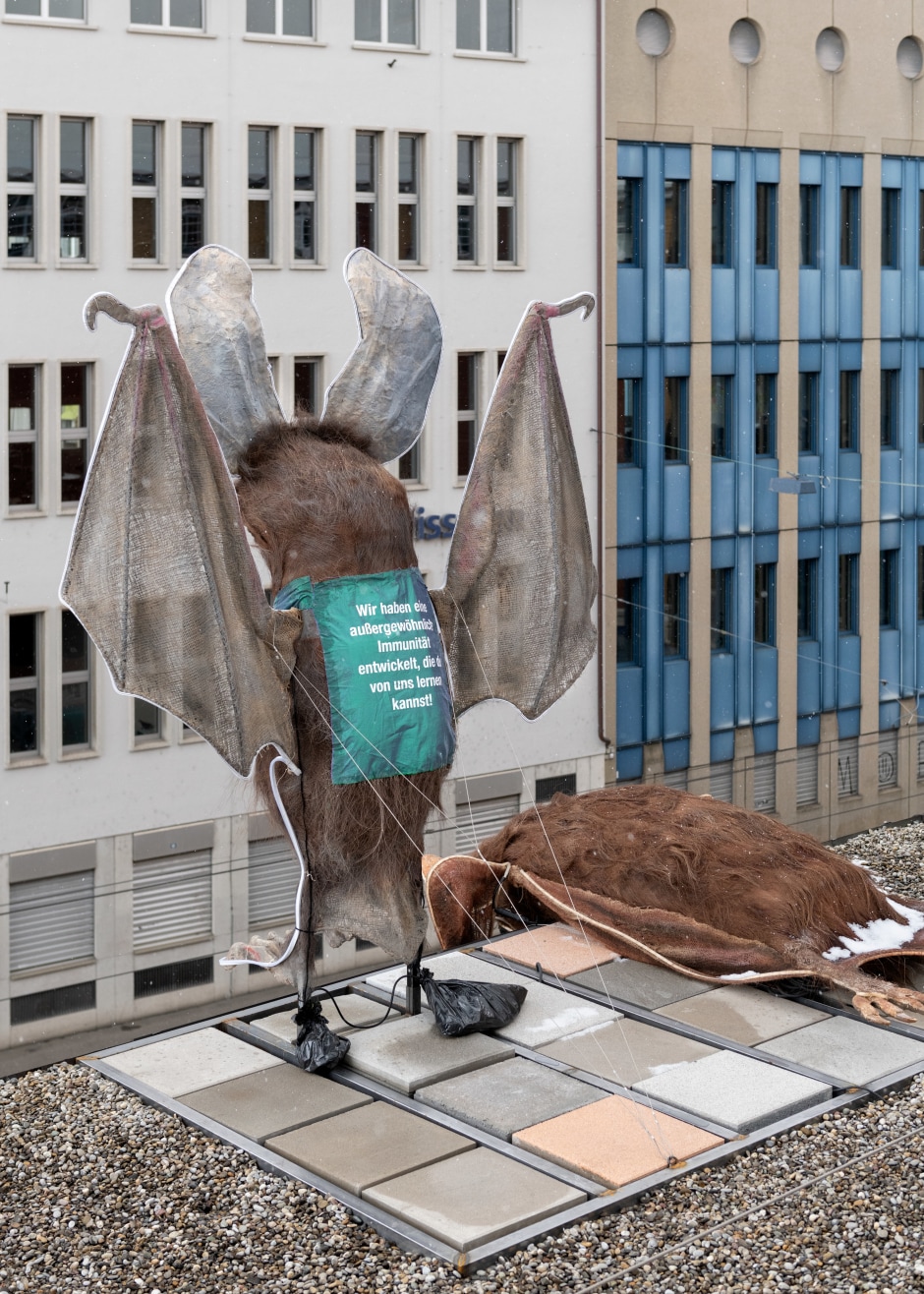 Installation view, Monster Chetwynd, The Futurology Kiosk, Löwenbräukunst Zurich, initiated by Migros Museum für Gegenwartskunst, 29 March - 20 June 2022.  © Monster Chetwynd. Courtesy the Artist and Sadie Coles HQ, London.  Photo: Flavio Karrer