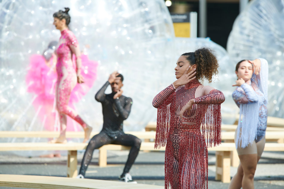 Performance view, Monster Chetwynd, Tears, Art Basel 2021, 21 - 26 September 2021  © Monster Chetwynd, courtesy the Artist, Sadie Coles HQ, London and Art Basel.  Photo: Sebastian Lendenmann