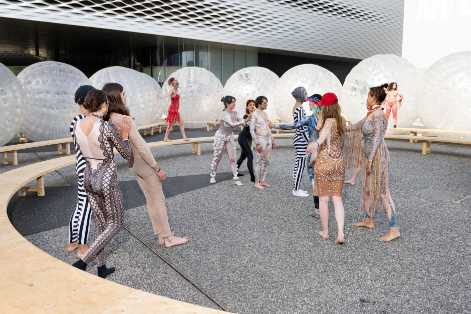 Performance view, Monster Chetwynd, Tears, Art Basel 2021, 21 - 26 September 2021  © Monster Chetwynd, courtesy the Artist, Sadie Coles HQ, London and Art Basel.  Photo: Sebastian Lendenmann