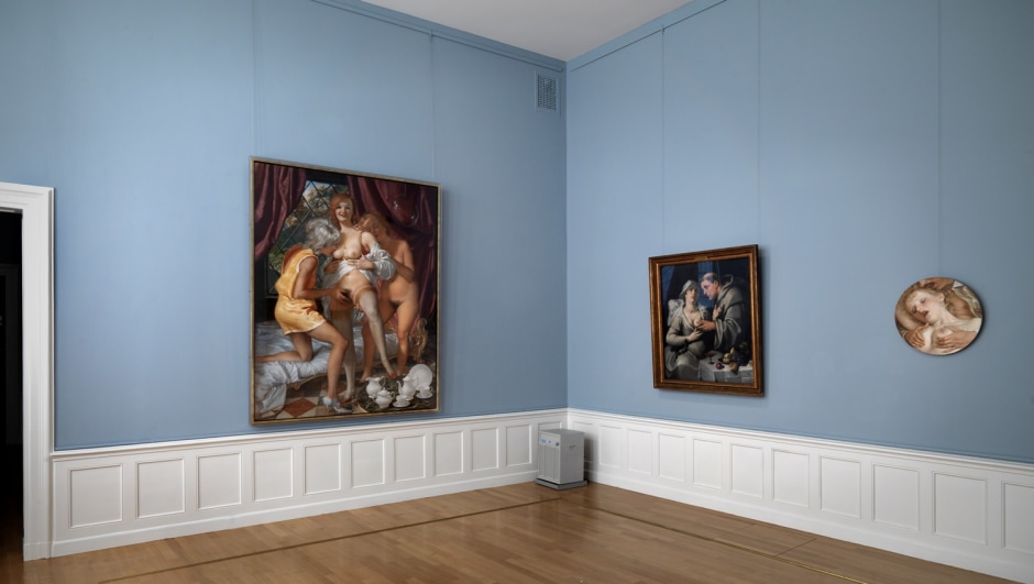 Installation view, John Currin, Frans Hals Museum, Haarlem, The Netherlands, 7 Ocfober 2011 - 8 January 2012  © John Currin. Courtesy the Artist and Frans Hals Museum, Haarlem.  Photo: GJR