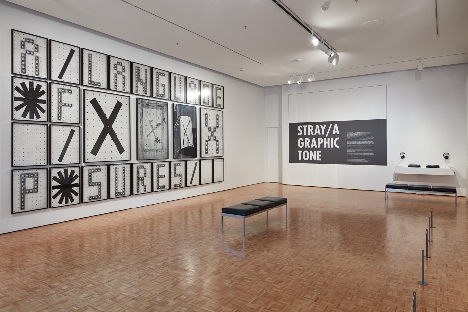 Installation view, STRAY, A GRAPHIC TONE, Cantor Arts Center, 23 February 2019 – 16 June 2019  © Shannon Ebner. Courtesy of the Artist and the Iris and B. Gerald Cantor Center for Visual Arts at Stanford University.  Photo: Johnna Arnold