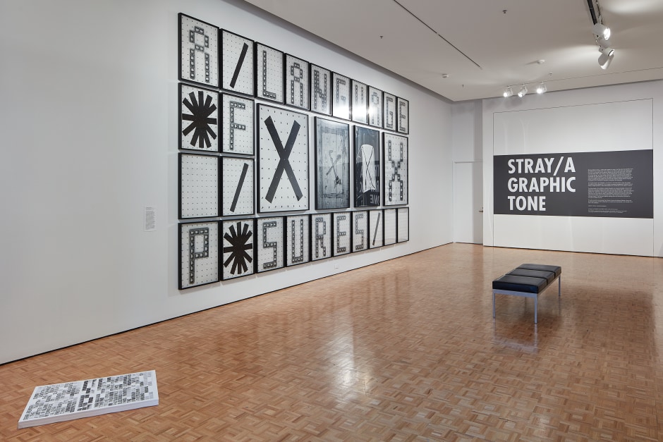 Installation view, STRAY, A GRAPHIC TONE, Cantor Arts Center, 23 February 2019 – 16 June 2019  © Shannon Ebner. Courtesy of the Artist and the Iris and B. Gerald Cantor Center for Visual Arts at Stanford University.  Photo: Johnna Arnold