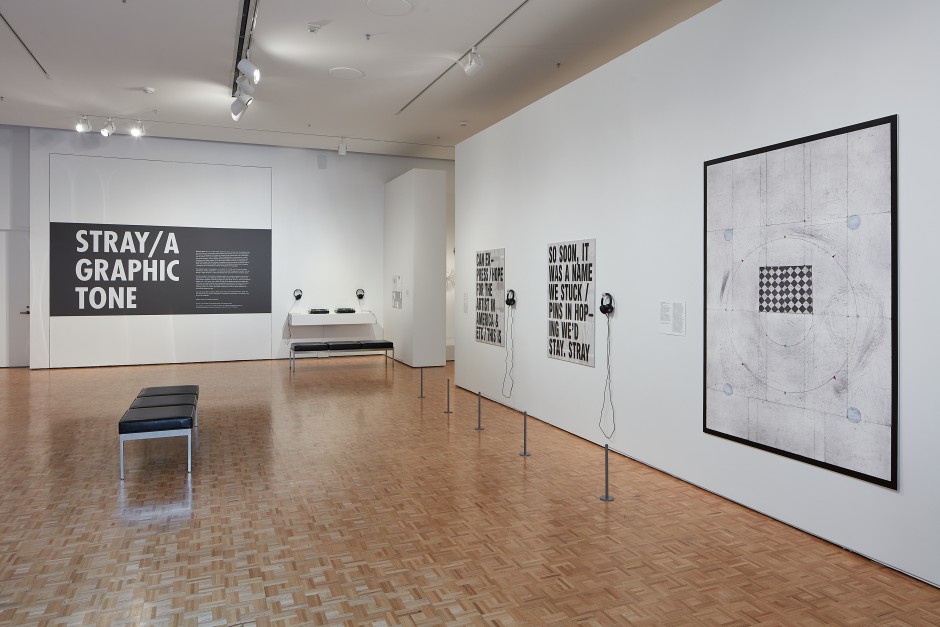 Installation view, STRAY, A GRAPHIC TONE, Cantor Arts Center, 23 February 2019 – 16 June 2019  © Shannon Ebner. Courtesy of the Artist and the Iris and B. Gerald Cantor Center for Visual Arts at Stanford University.  Photo: Johnna Arnold