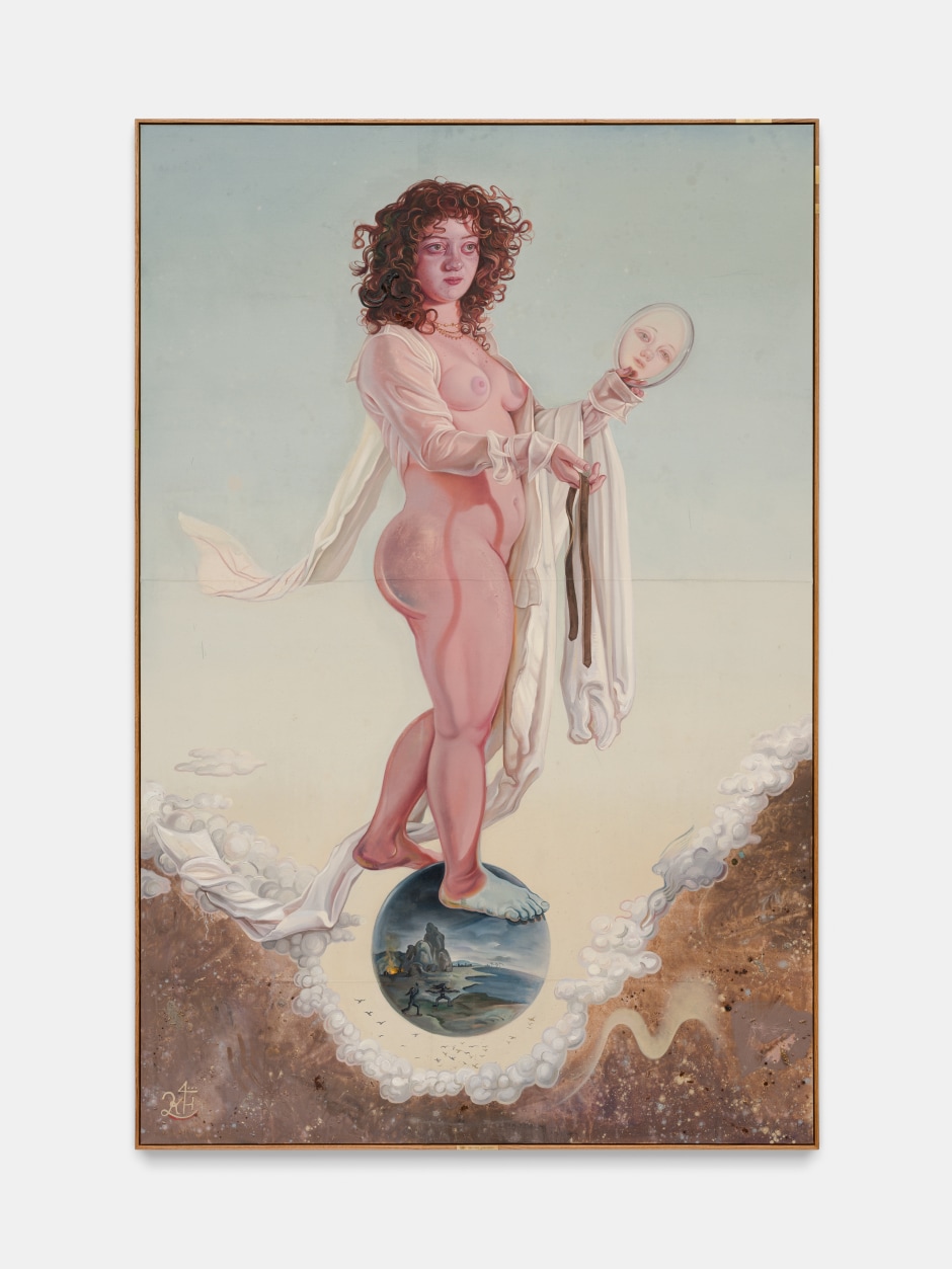 Kati Heck  Nemesis , 2024  oil on stitched canvas with wheat and tobacco, artist's frame with messing plates  253 x 168 x 6.6 cm / 99 ⅝ x 66 ⅛ x 2 ⅝ in  © Kati Heck. Courtesy of the Artist and Sadie Coles HQ, London.  Photo: Pieter Huybrechts