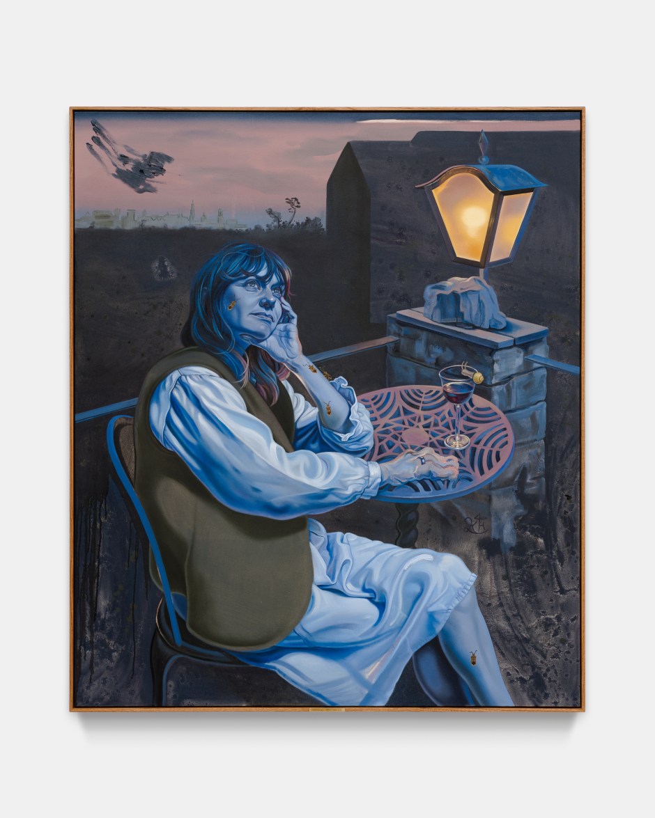 Kati Heck  Melencolia, 2024  oil on canvas, artist's frame with messing plate  168 x 143 x 6.6 cm / 66 ⅛ x 56 ¼ x 2 ⅝ in  © Kati Heck. Courtesy of the Artist and Sadie Coles HQ, London.  Photo: Pieter Huybrechts