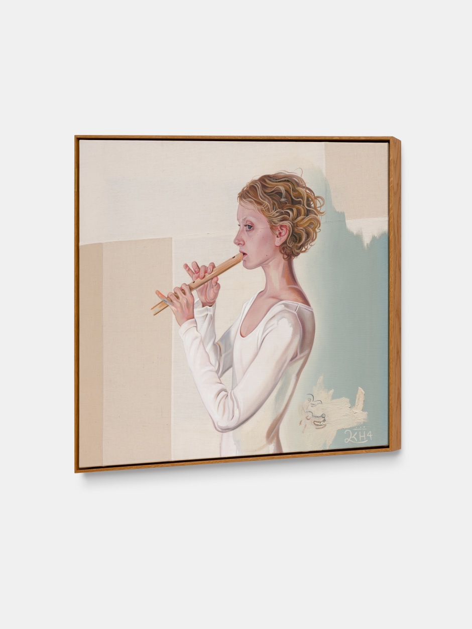 Kati Heck  In case of emergency, 2024  oil on stitched canvas, artist's frame with messing plate  124 x 124 x 7.1 cm / 48 ⅞ x 48 ⅞ x 2 ¾ in  © Kati Heck. Courtesy of the Artist and Sadie Coles HQ, London.  Photo: Pieter Huybrechts