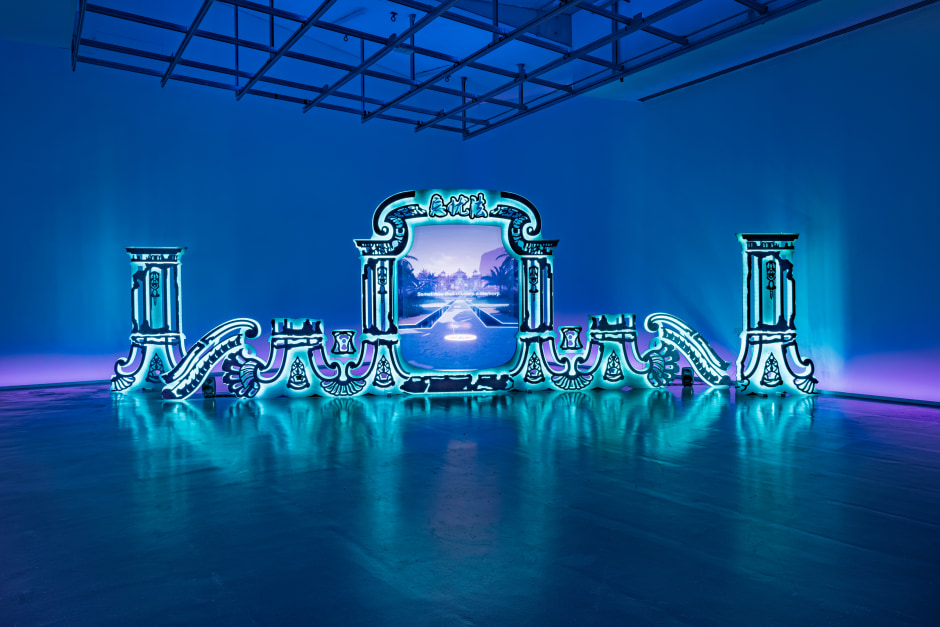 Installation view, Lawrence Lek, Nepenthe: Summer Palace Ruins, QUAD Derby, Derby, 19 November 2022 - 05 February 2023  © Lawrence Lek. Courtest of the Artist and QUAD, Derby.  Photo: Damian Griffiths