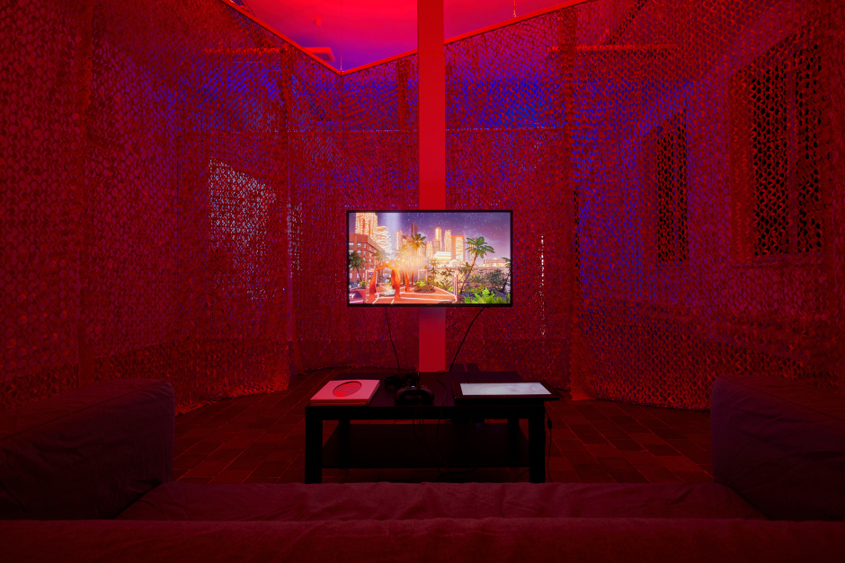 Installation view, Lawrence Lek, Ghostwriter, Cursor Gallery, CCA Prague, 20 December - 23 February 2020  © Lawrence Lek. Courtesy of the Artist and Sadie Coles HQ London.  Photo: Filip Beranek/Cursor Gallery, CCA Prague