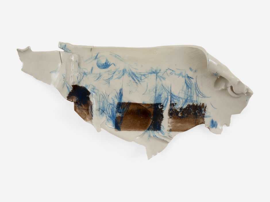 Uri Aran  Interior After Someone I Love, 2024  underglaze pencil and clear glaze on ceramics  21.6 x 43.2 x 5.1 cm / 8 ½ x 17 x 2 in  Credit: © Uri Aran. Courtesy the Artist and Sadie Coles HQ, London.  Photo: Arthur Gray