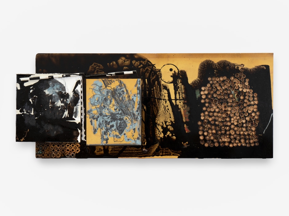 Uri Aran  Film, 2024  oil, oil pastel, graphite, fabric trim, bronze, ceramics, wood, polyurethane and mixed media on MDO  58 x 140 x 5 cm / 22 ⅞ x 55 ⅛ x 2 in  Credit: © Uri Aran. Courtesy the Artist and Sadie Coles HQ, London.  Photo: Arthur Gray