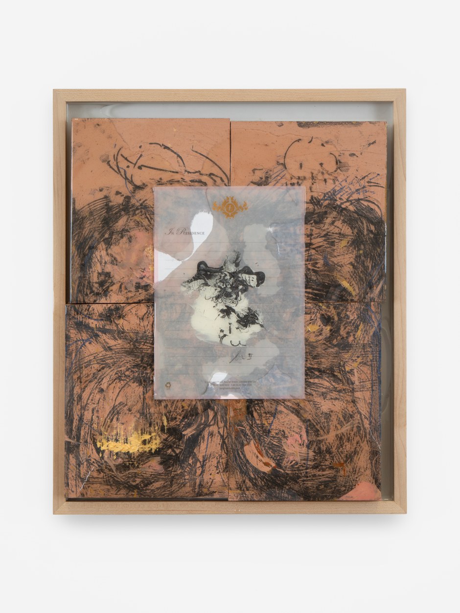Uri Aran  This and more (from moi), 2024  graphite, oil pastel, charcoal, enamel, paper, resin and colour pencil on MDO on framed drawing  42.5 x 35 x 5.5 cm / 16 ¾ x 13 ¾ x 2 ⅛ in  Credit: © Uri Aran. Courtesy the Artist and Sadie Coles HQ, London.  Photo: Arthur Gray