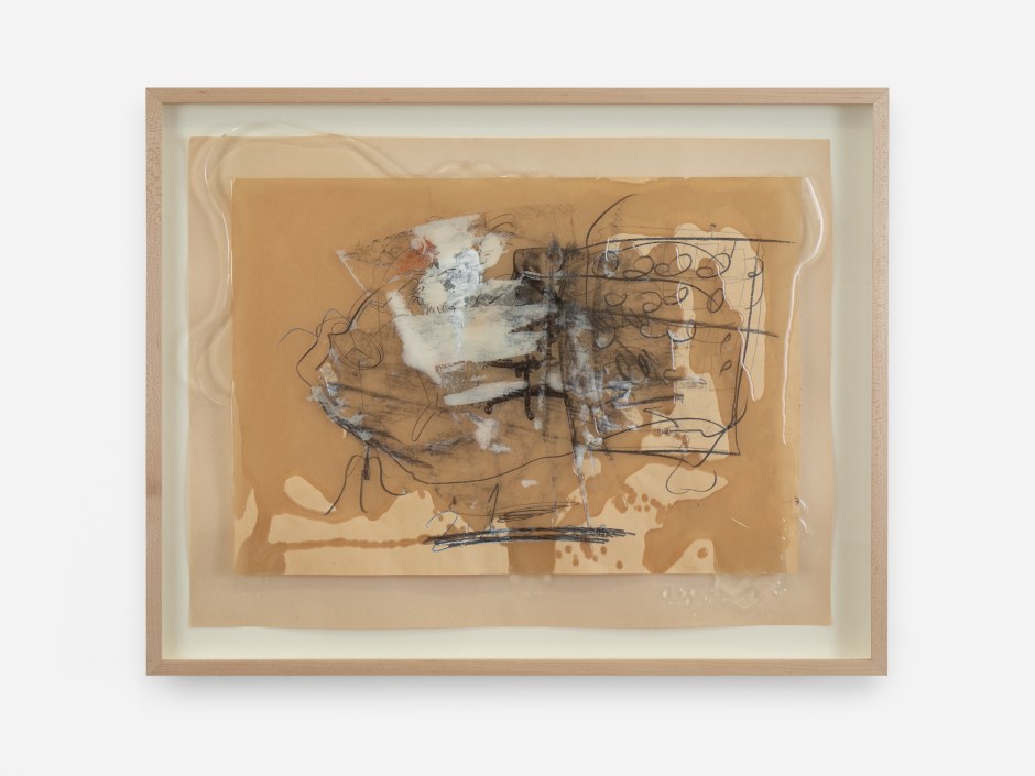 Uri Aran  Mayor's Office, 2024  graphite, oil pastel, charcoal, paper, resin and colour pencil on framed drawing  45.5 x 58 x 4 cm / 17 ⅞ x 22 ⅞ x 1 ⅝ in  Credit: © Uri Aran. Courtesy the Artist and Sadie Coles HQ, London.  Photo: Arthur Gray