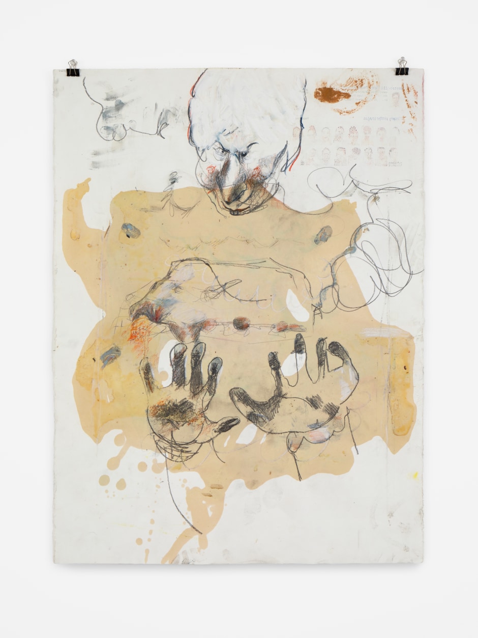Uri Aran  Especially when that person disagreed, 2024  oil, charcoal, graphite, wax pencil, colour pencil, polyurethane, ink transfer and oil pastel on paper  76 x 56.5 cm / 29 ⅞ x 22 ¼ in  Credit: © Uri Aran. Courtesy the Artist and Sadie Coles HQ, London.  Photo: Arthur Gray