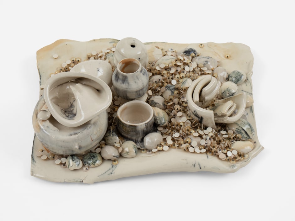 Uri Aran  Love (Really), 2024  ceramic, underglaze pencil, clear glaze, plastic and thread  9 x 22.9 x 27.9 cm / 3 ½ x 9 x 11 in  Credit: © Uri Aran. Courtesy the Artist and Sadie Coles HQ, London.  Photo: Arthur Gray