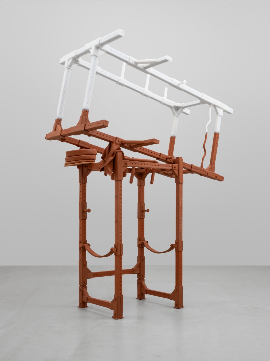 Matthew Barney  Power Rack Stack, 2024  ceramic, synthetic polymer  342.9 x 266.4 x 138.4 cm / 135 x 104 ⅞ x 54 ½ in  © Matthew Barney. Courtesy the Artist; Gladstone Gallery; Sadie Coles HQ; Regen Projects; Galerie Max Hetzler.  Photo: David Regen