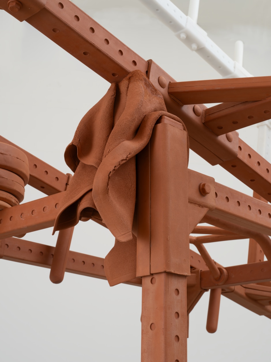 Matthew Barney  Power Rack Stack, 2024  ceramic, synthetic polymer  342.9 x 266.4 x 138.4 cm / 135 x 104 ⅞ x 54 ½ in  © Matthew Barney. Courtesy the Artist; Gladstone Gallery; Sadie Coles HQ; Regen Projects; Galerie Max Hetzler.  Photo: David Regen