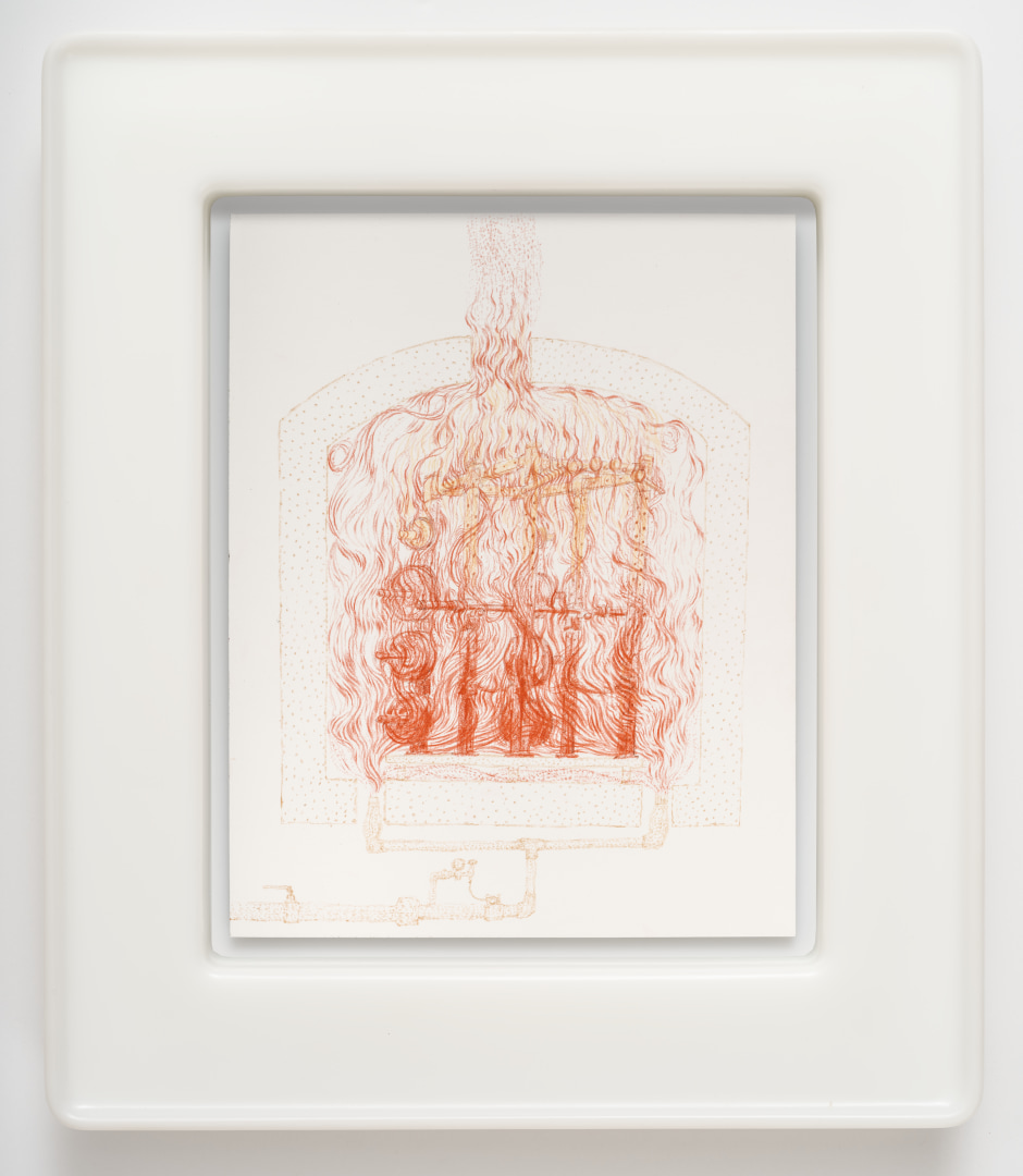 Matthew Barney  Power Rack in Kiln, 2024  color pencil on paper in high-density polyethylene frame  Framed: 43.8 x 37.5 x 4.2 cm / 17 ¼ x 14 ¾ x 1 ⅝ in Paper size: 29.2 cm x 22.9 / 11 ½ x 9 in  © Matthew Barney. Courtesy the Artist; Gladstone Gallery; Sadie Coles HQ; Regen Projects; Galerie Max Hetzler.  Photo: David Regen
