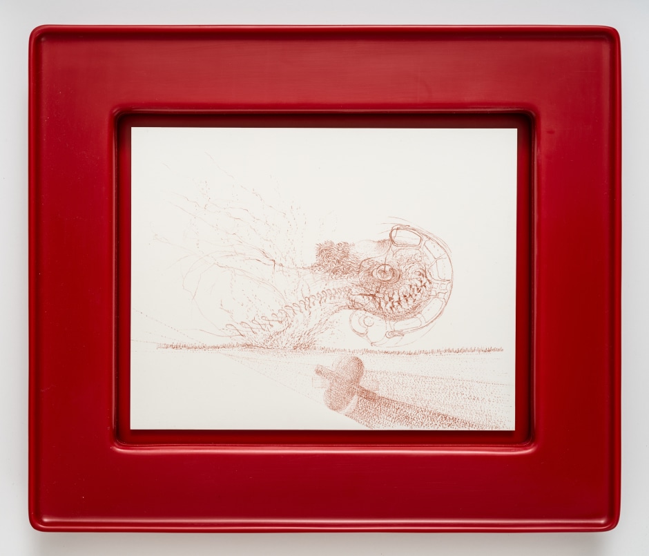 Matthew Barney  C.T.E. Snake, 2023  color pencil on paper in high-density polyethylene frame  Framed: 37.2 x 43.6 x 4.2 cm / 14 ⅝ x 17 ⅛ x 1 ⅝ in Paper size: 22.9 x 29.2 cm / 9 x 11 ½ in  © Matthew Barney. Courtesy the Artist; Gladstone Gallery; Sadie Coles HQ; Regen Projects; Galerie Max Hetzler.  Photo: David Regen