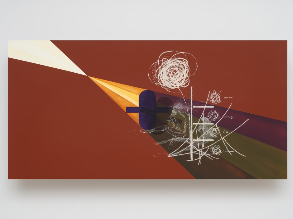 Matthew Barney  Field Panel: Cover 4 Zone, 2024  oil and acrylic on aluminium  106.7 x 213.4 x 22.2 cm / 42 x 84 x 8 ¾ in  © Matthew Barney. Courtesy the Artist; Gladstone Gallery; Sadie Coles HQ; Regen Projects; Galerie Max Hetzler.  Photo: David Regen