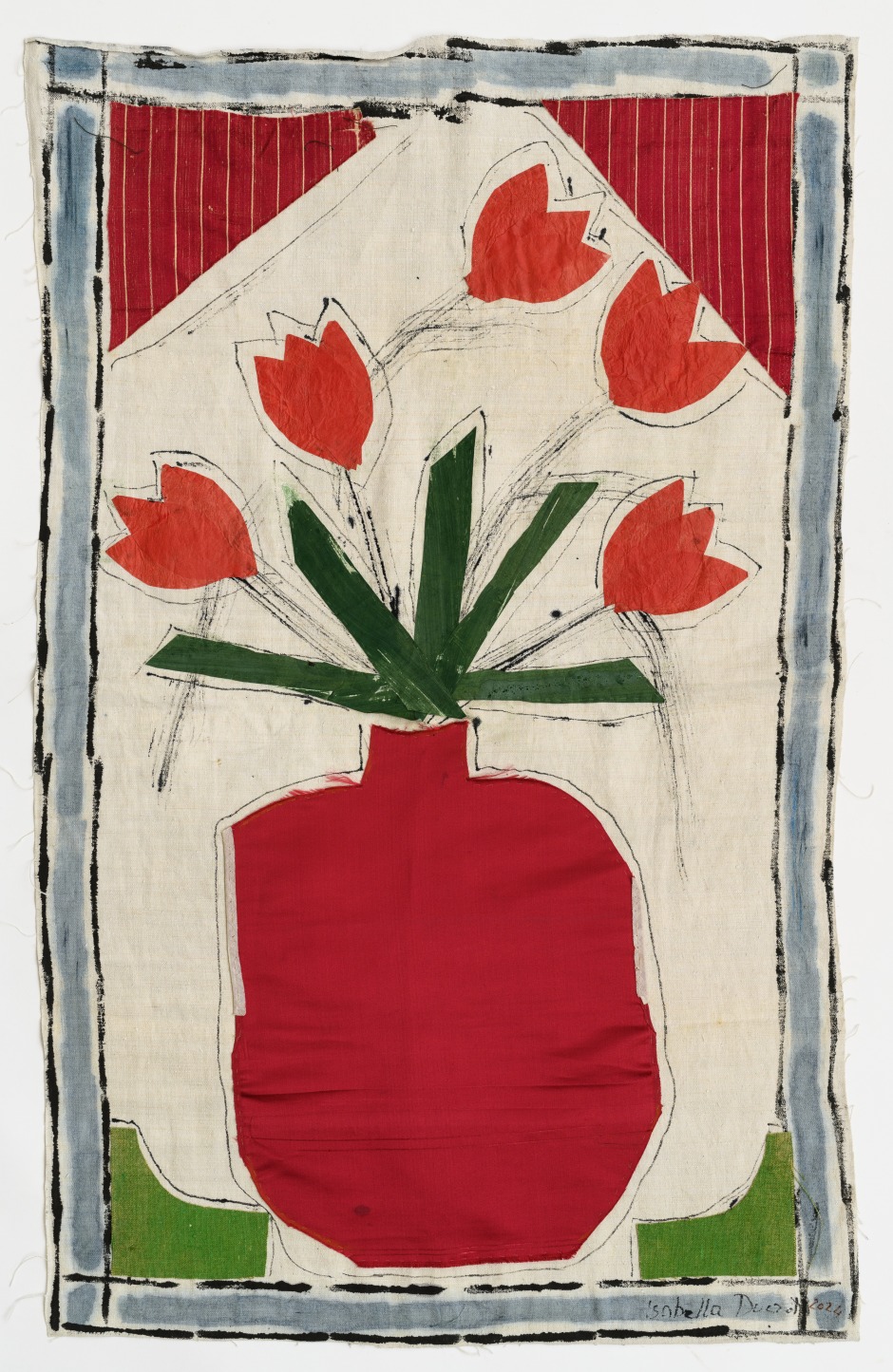 Isabella Ducrot  Red Pot, 2024  pigments, paper, collage, fabrics and China ink on textile  107 x 68 cm / 42 ⅛ x 26 ¾ in