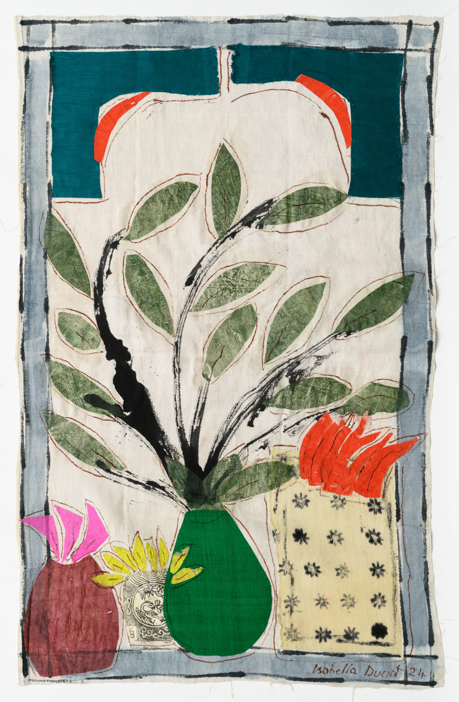 Isabella Ducrot  Surprise VI, 2023  pigments, paper, collage, fabrics and China ink on textile  108 x 69 cm / 42 ½ x 27 ⅛ in  © Isabella Ducrot, courtesy of the artist and Sadie Coles HQ, London.  Photo: Georgio Benni