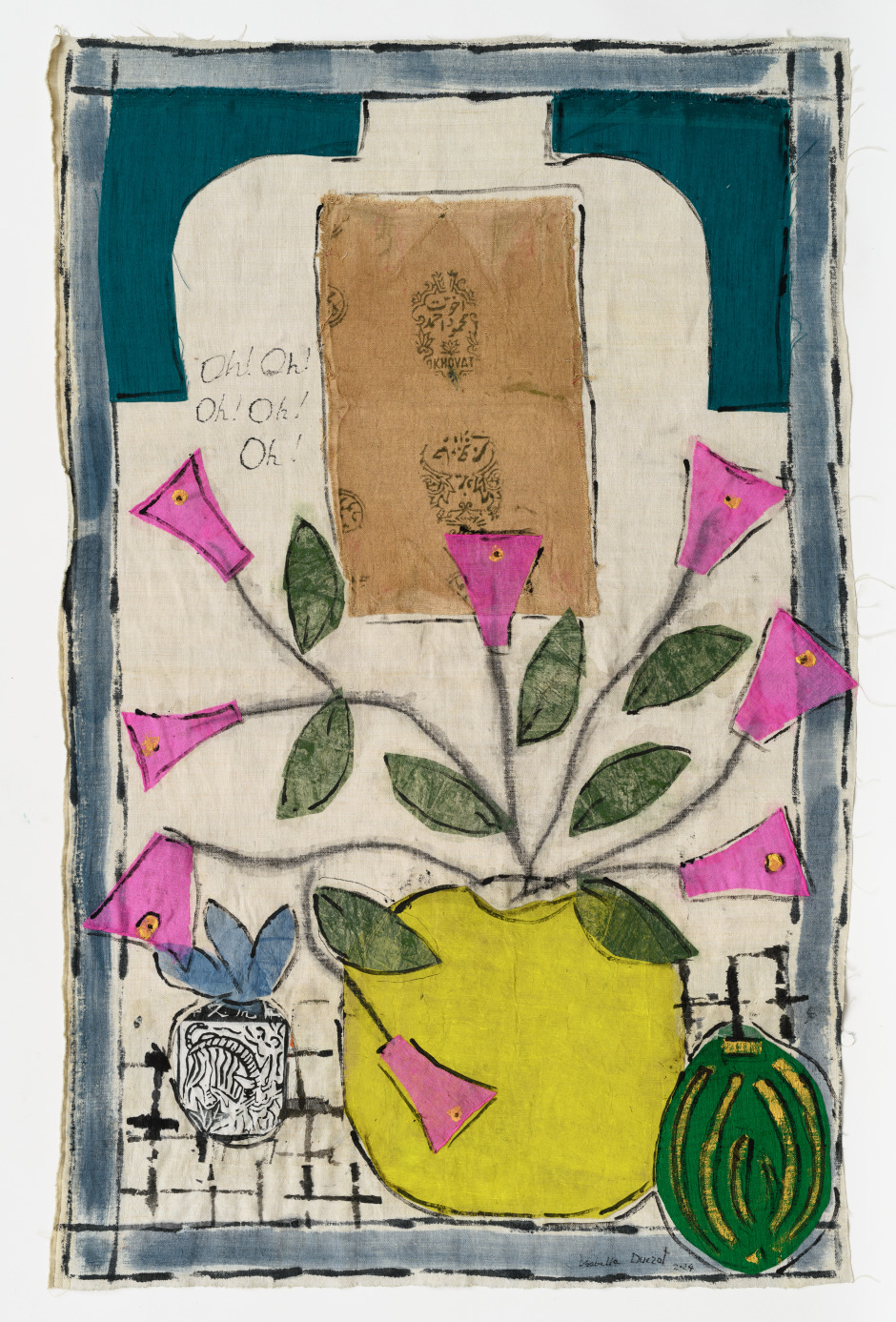Isabella Ducrot  Surprise VIII, 2024  pigments, paper, collage, fabrics and China ink on textile  108 x 69 cm / 42 ½ x 27 ⅛ in