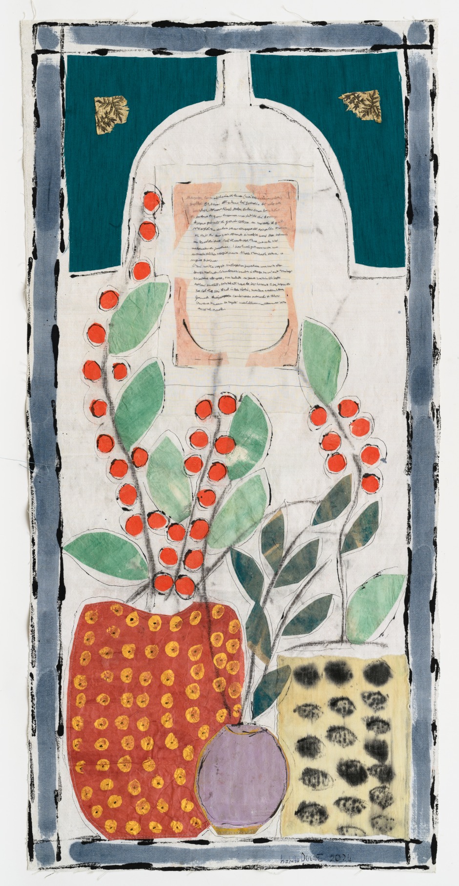 Isabella Ducrot  Surprise XII, 2024  pigments, pastel, paper, collage, fabrics and China ink on textile  133 x 65 cm / 52 ⅜ x 25 ⅝ in  © Isabella Ducrot, courtesy of the artist and Sadie Coles HQ, London.  Photo: Georgio Benni