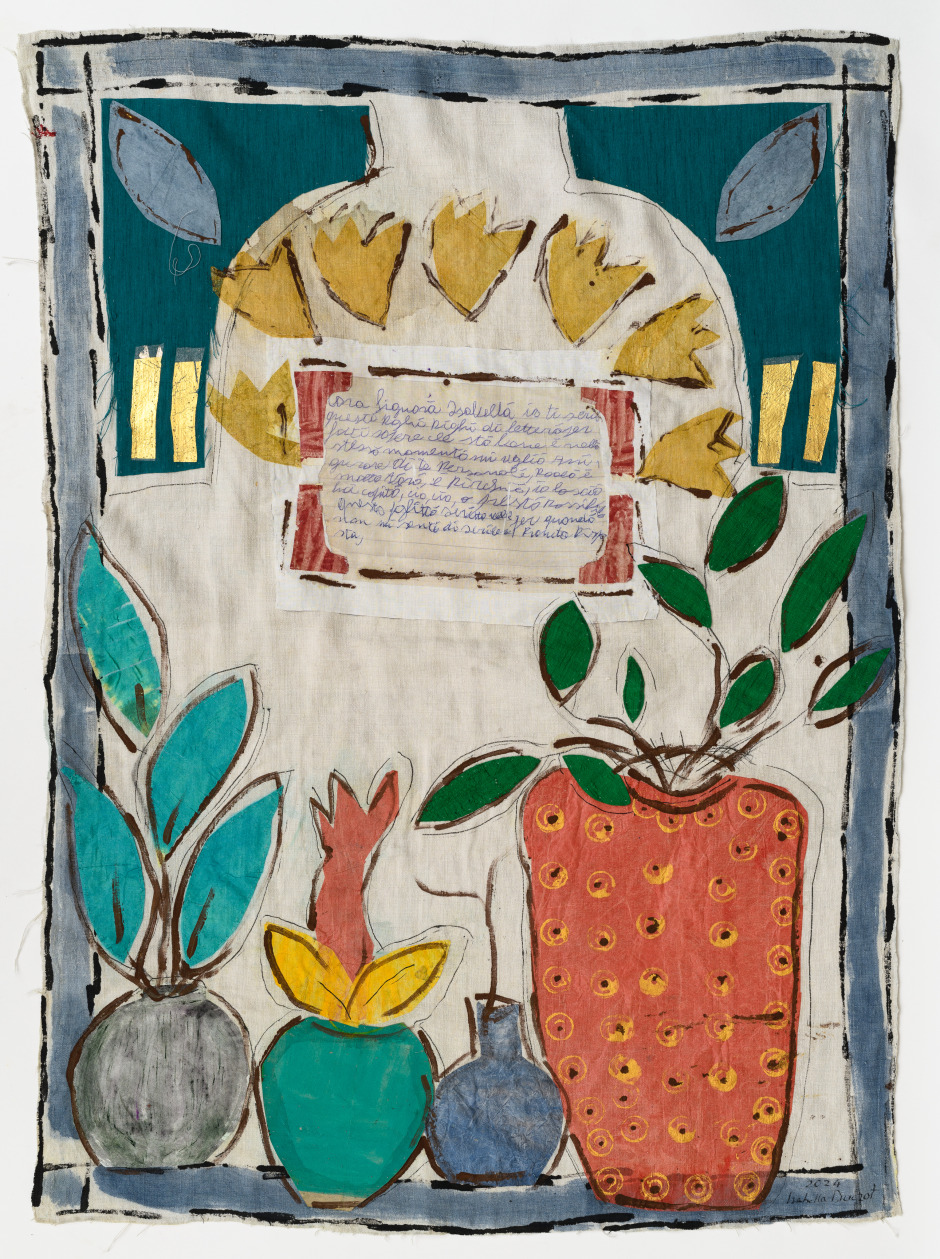 Isabella Ducrot  Surprise X, 2024  pigments, paper, collage, fabrics and China ink on textile  109 x 77 cm / 42 ⅞ x 30 ¼ in  © Isabella Ducrot, courtesy of the artist and Sadie Coles HQ, London.  Photo: Georgio Benni