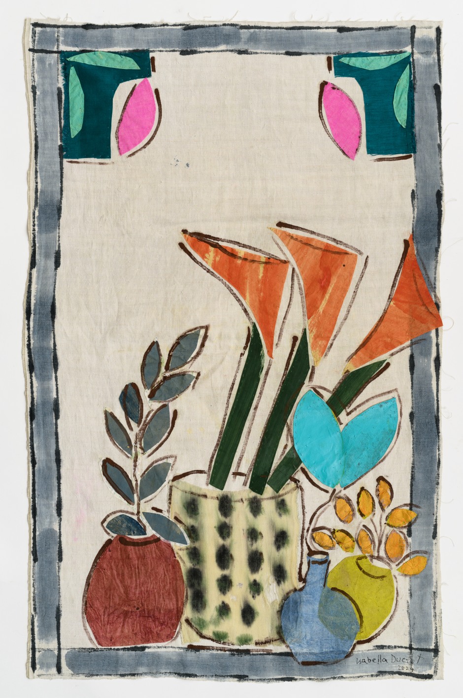 Isabella Ducrot  Surprise XI, 2024  pigments, paper, collage, fabrics and China ink on textile  109 x 68 cm / 42 ⅞ x 26 ¾ in  © Isabella Ducrot, courtesy of the artist and Sadie Coles HQ, London.  Photo: Georgio Benni