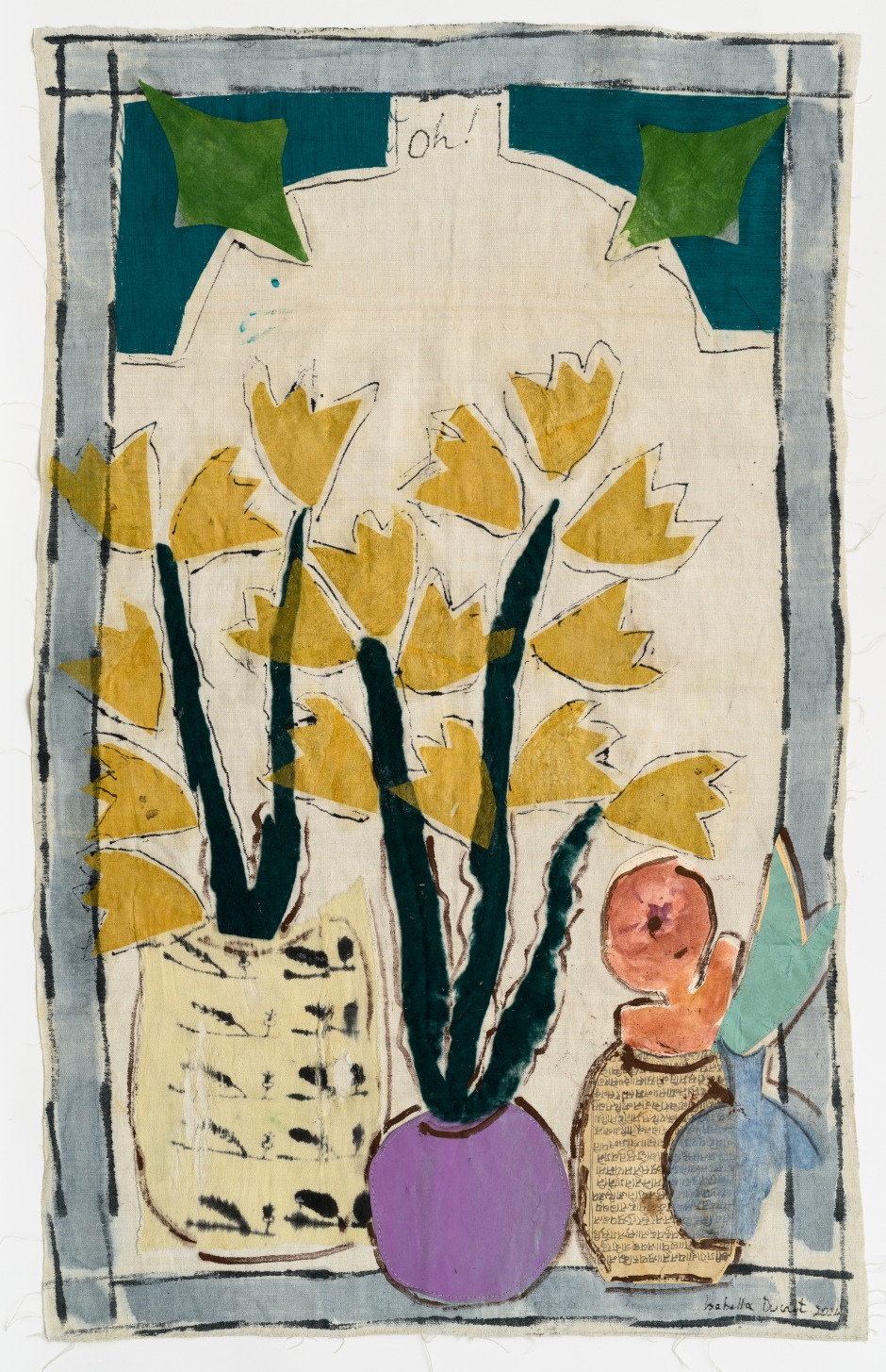 Isabella Ducrot  Surprise XIII, 2024  pigments, paper, collage, fabrics and China ink on textile  107 x 67 cm / 42 ⅛ x 26 ⅜ in  © Isabella Ducrot, courtesy of the artist and Sadie Coles HQ, London.  Photo: Georgio Benni